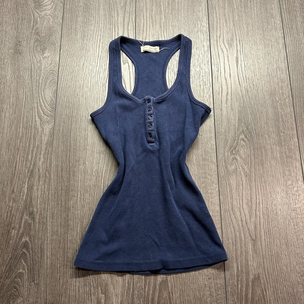 Garage Navy Blue Waffle Knit Henley Tank Top Racerback Y2K XS